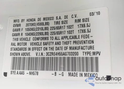 2010 Honda Cr-V Ex z USA, uszkodzony, nr VIN 3CZRE4H55AG703200